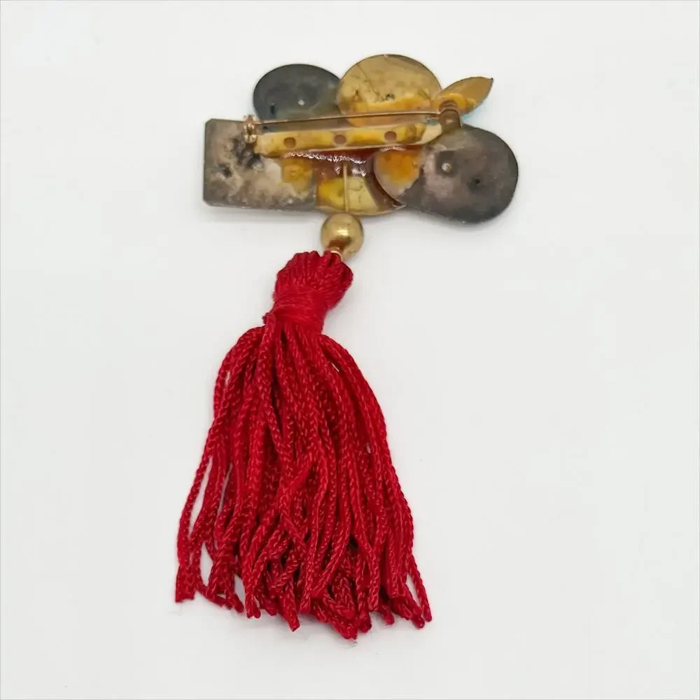 🔥 Vintage Multicolor Clocks With Red Hanging Tassel Brooch Pin